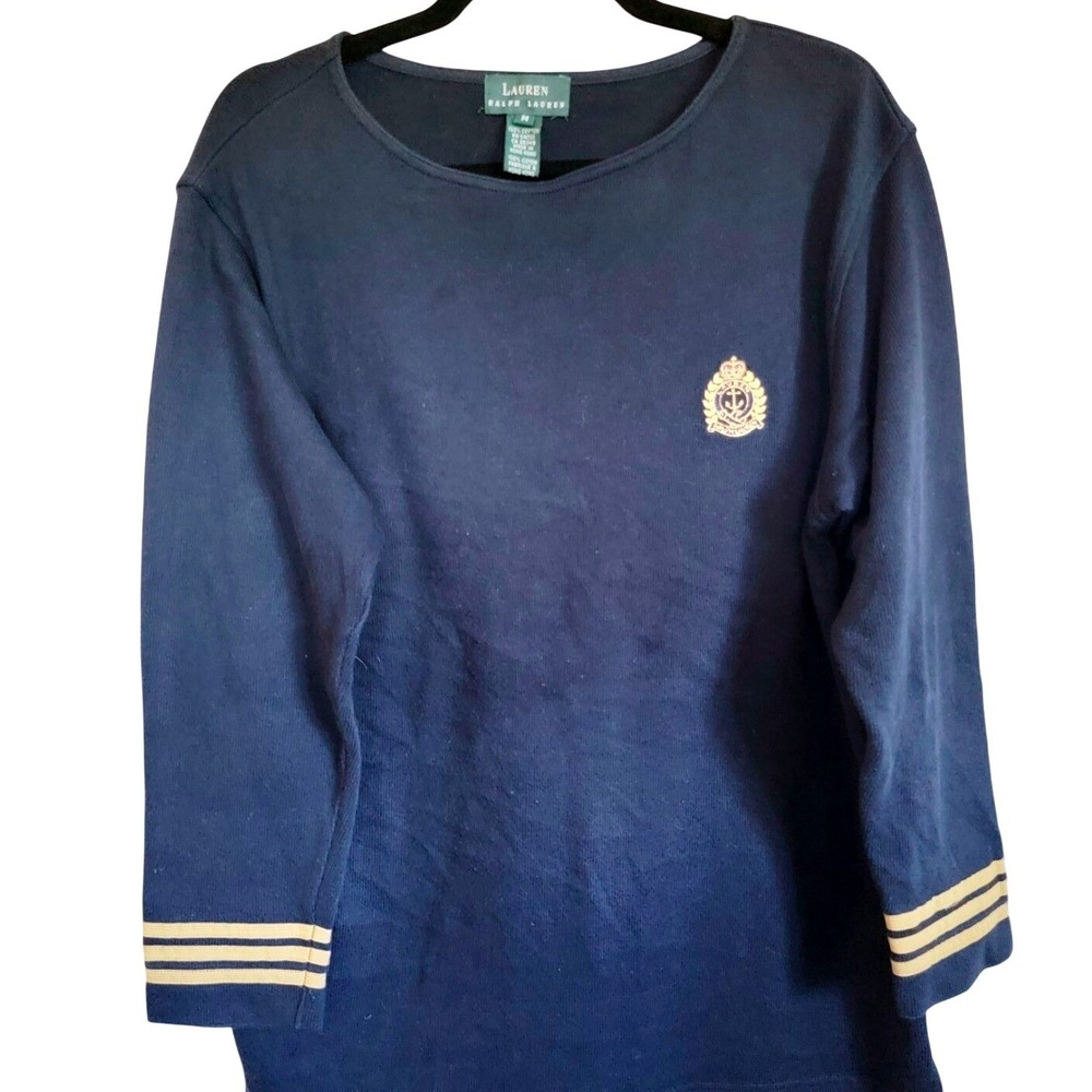 Vintage Lauren Ralph Lauren M Admiral Sweater Navy Blue Cotton Nautical Crest - Picture 3 of 10